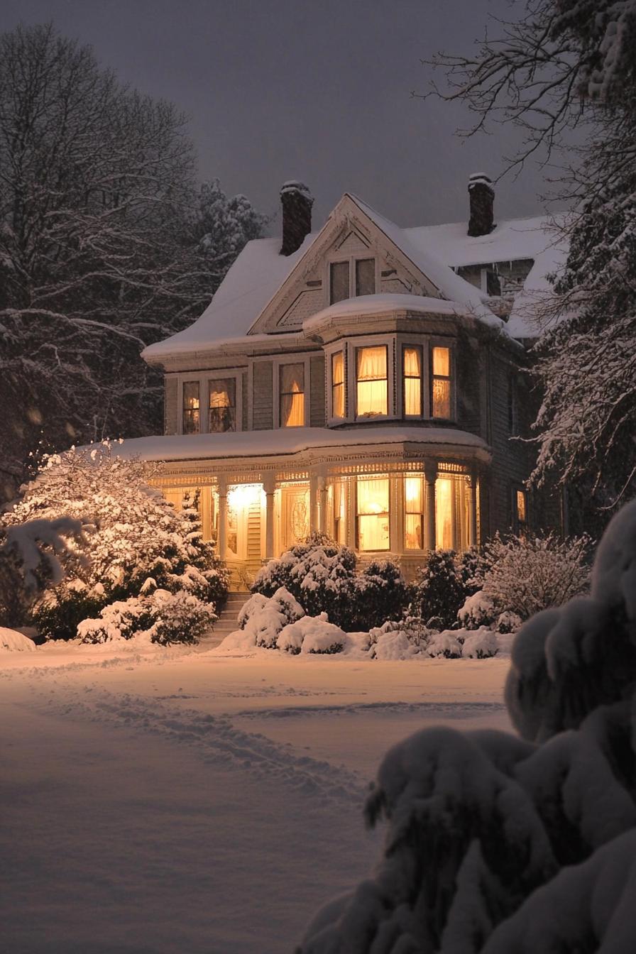 edwardian house in winter wonderland at night with soft glow coming from the windwos large porch with columns light siding snow on roof snow in