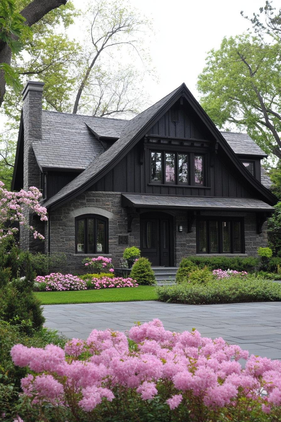 european cottage house with dark reclaimed wood siding multi pitched grey stone tile roof front yard paved with slate tile geometric shrubs with 1