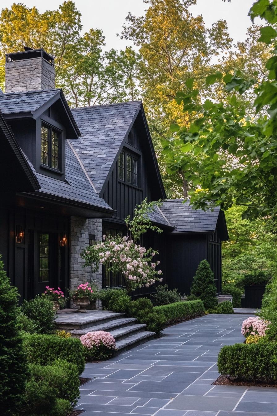 european cottage house with dark reclaimed wood siding multi pitched grey stone tile roof front yard paved with slate tile geometric shrubs with