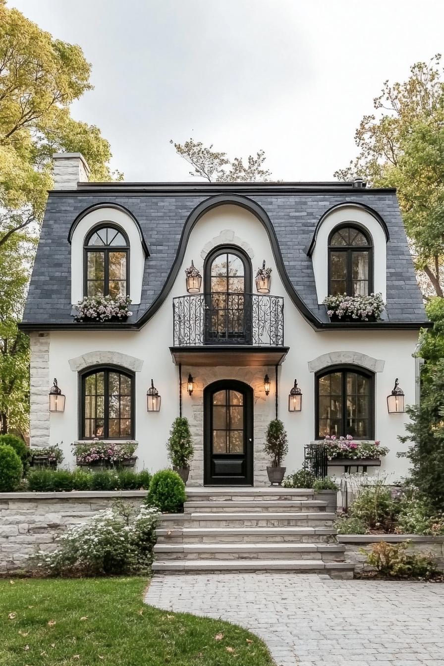 french white cottage with grey stone tile roof with dormers iron balconies with flowers stone brick foundations front yard with steps geometric 1