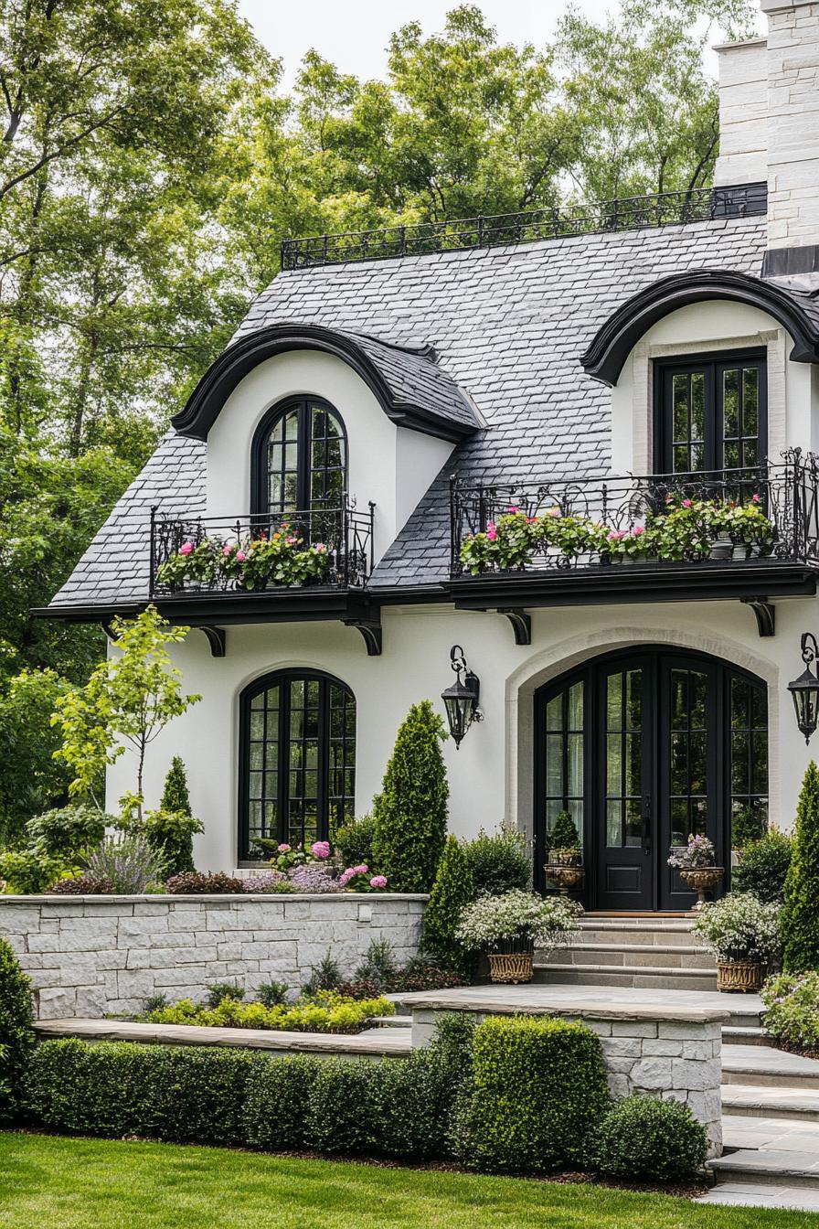 french white cottage with grey stone tile roof with dormers iron balconies with flowers stone brick foundations front yard with steps geometric 2