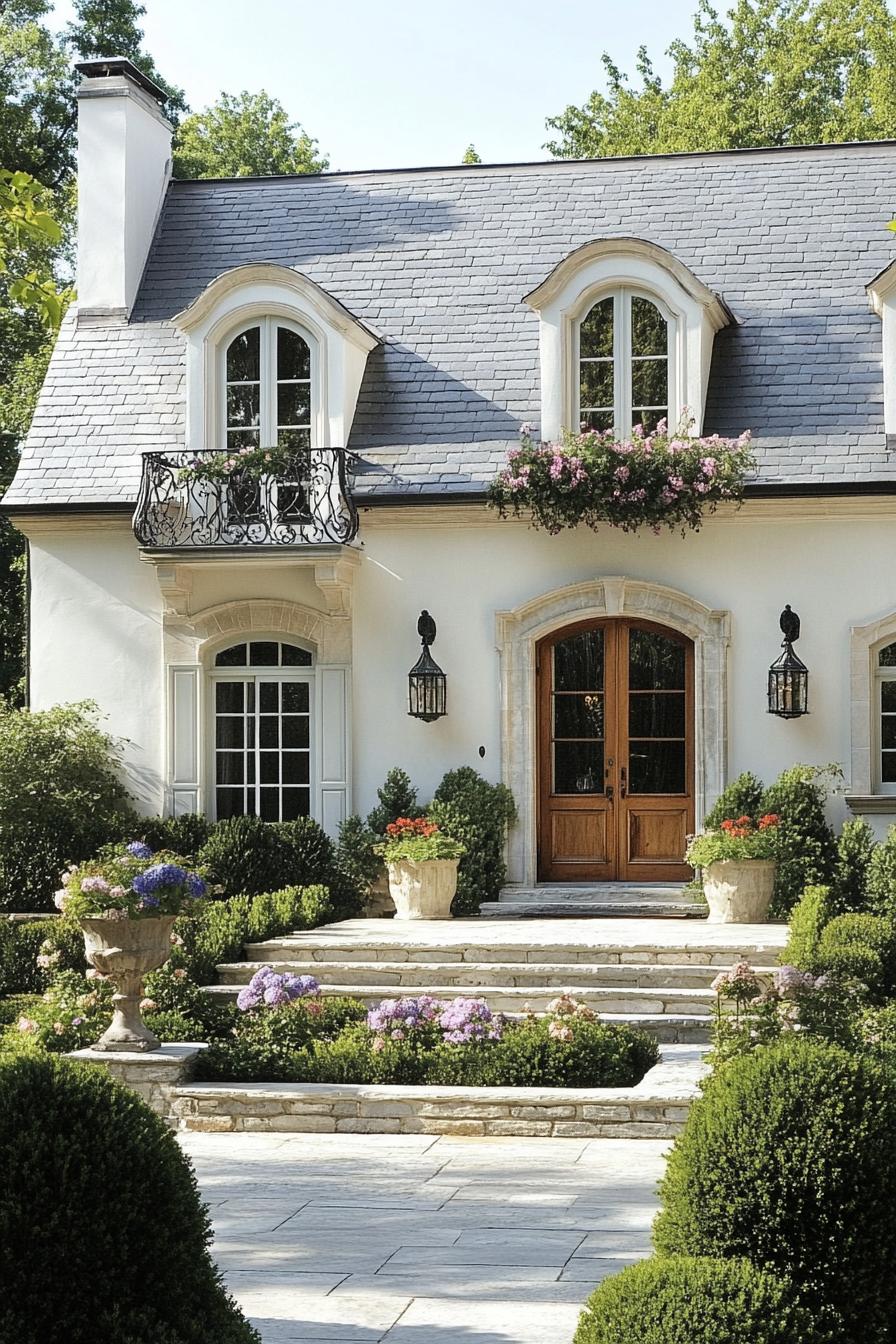 french white cottage with grey stone tile roof with dormers iron balconies with flowers stone brick foundations front yard with steps geometric 3