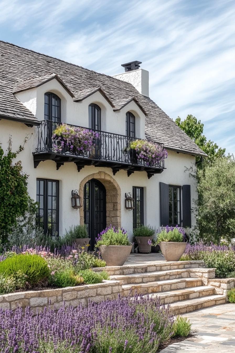 french white cottage with grey stone tile roof with dormers iron balconies with flowers stone brick foundations front yard with steps geometric