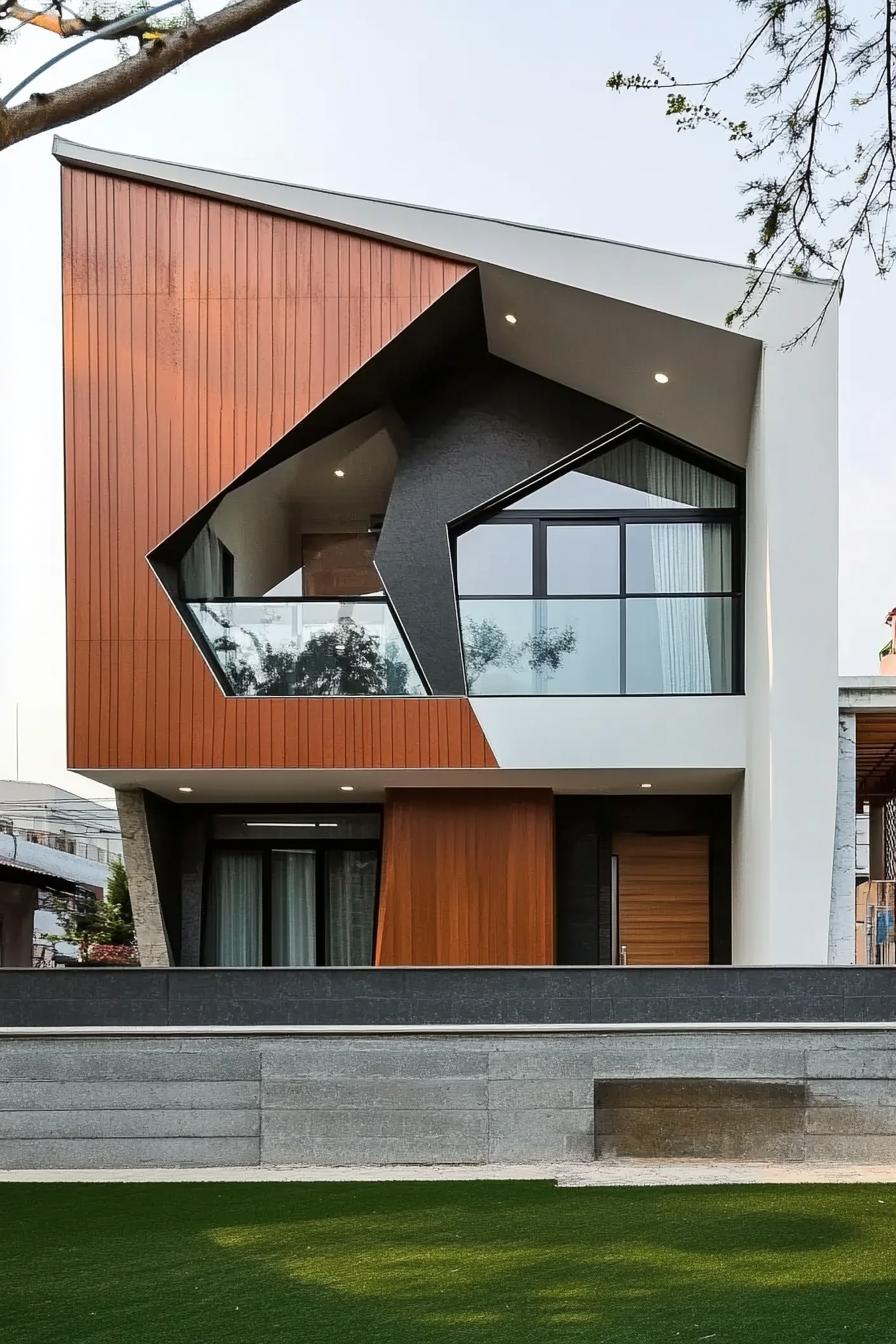 geometric modern house facade architecture with mixed materials and shapes 1