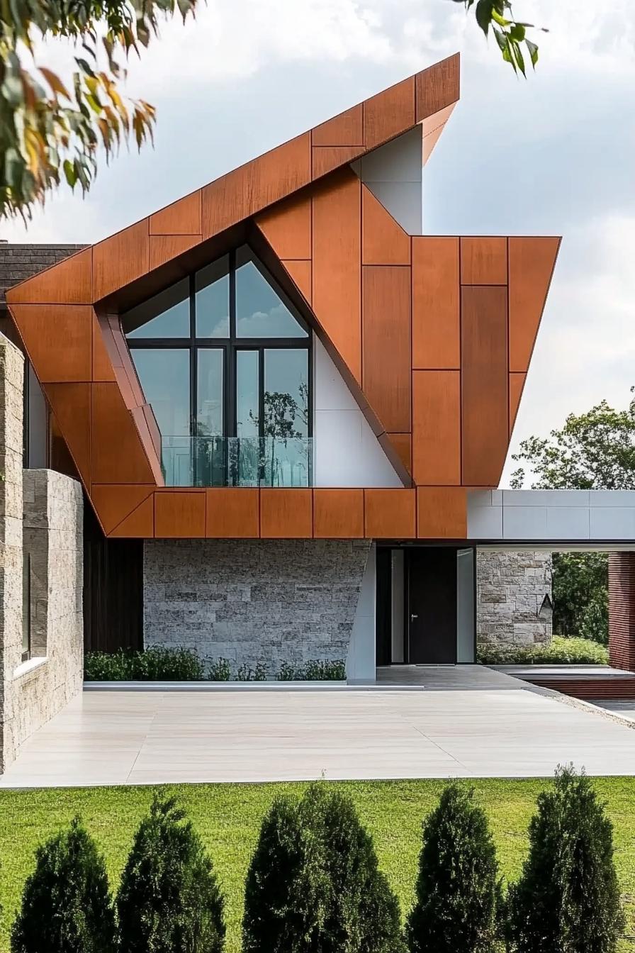 geometric modern house facade architecture with mixed materials and shapes 2