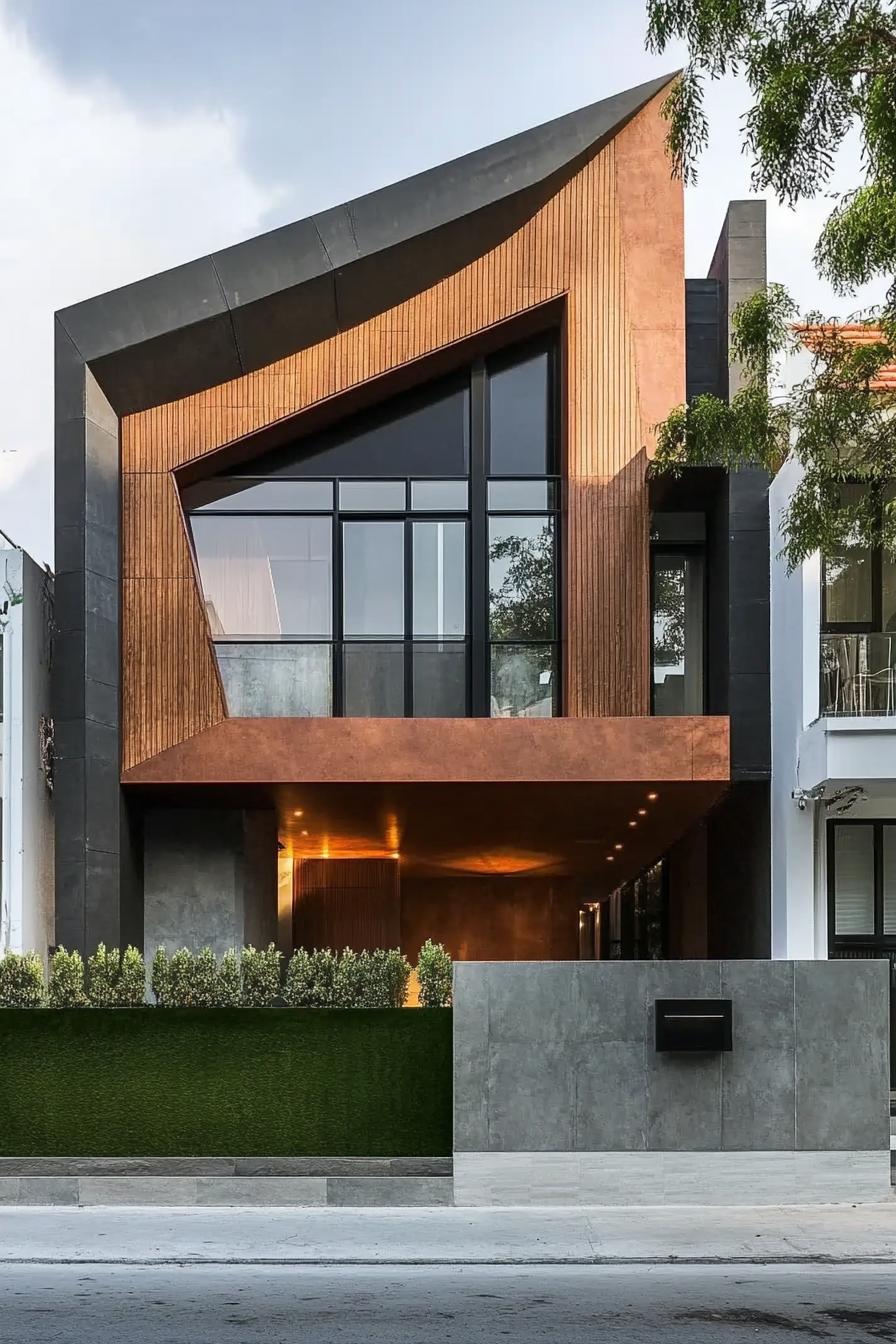 geometric modern house facade architecture with mixed materials and shapes