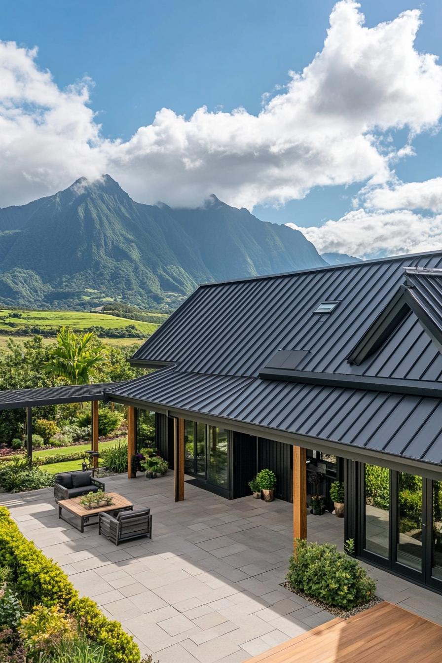 high angle view of a black modern farmhouse with black metal multi pitch roof large porch with wood beam posts v 6.1 1