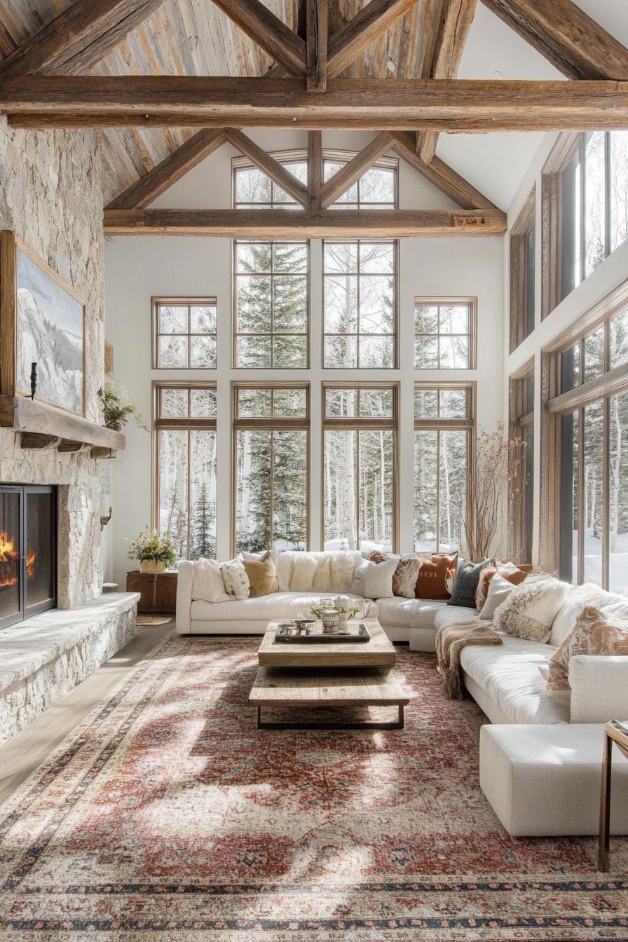 interior of a frame house with stone wall and fireplace reclaimed wood ceiling exposed rustic wood beams large white windows with moldings 1