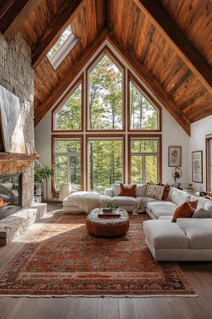 interior of a frame house with stone wall and fireplace reclaimed wood ceiling exposed rustic wood beams large white windows with moldings