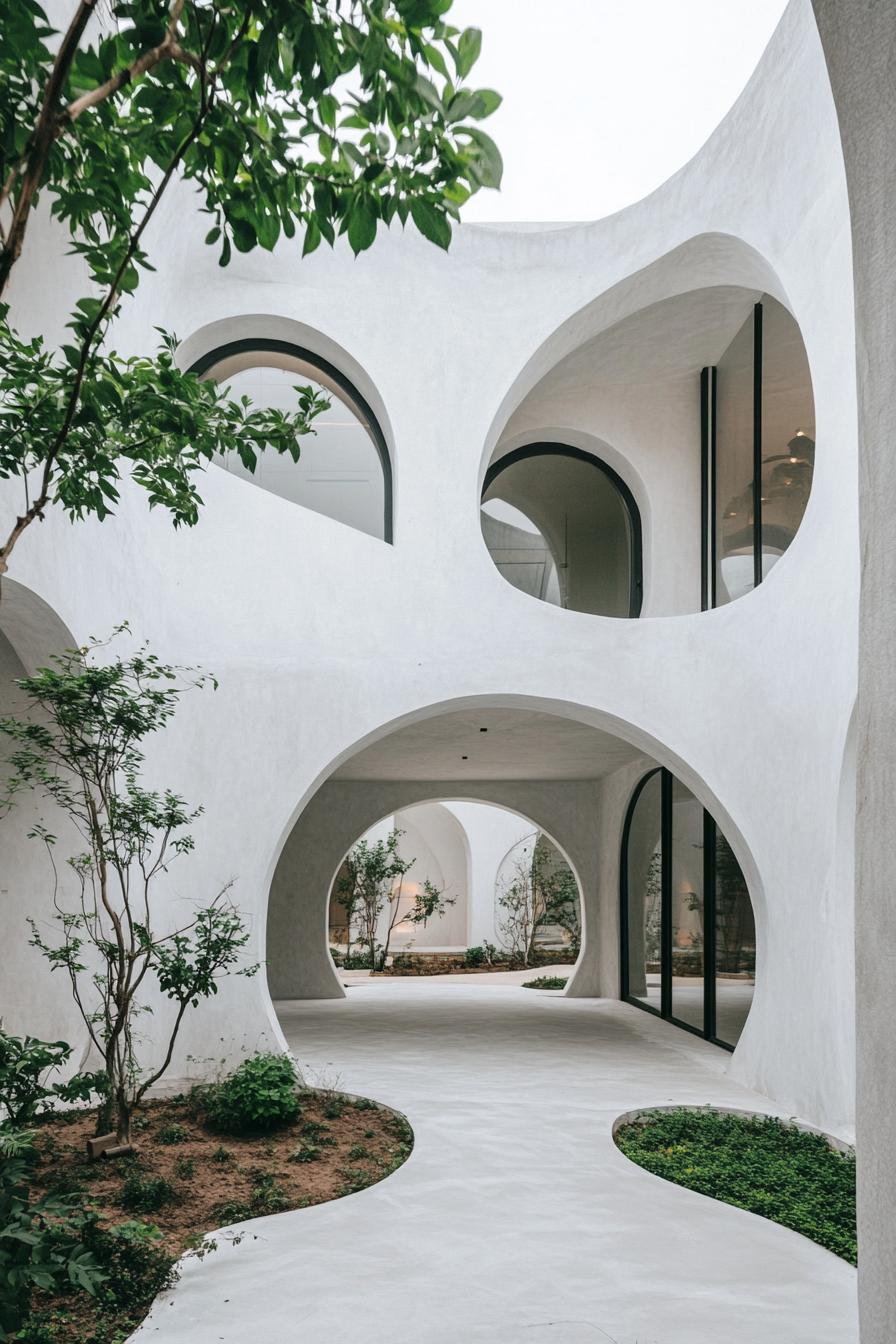 minimalist refined aesthetic courtyard architecture white concrete arches curved ceiling openings arched glass doors visible at far end concrete 1