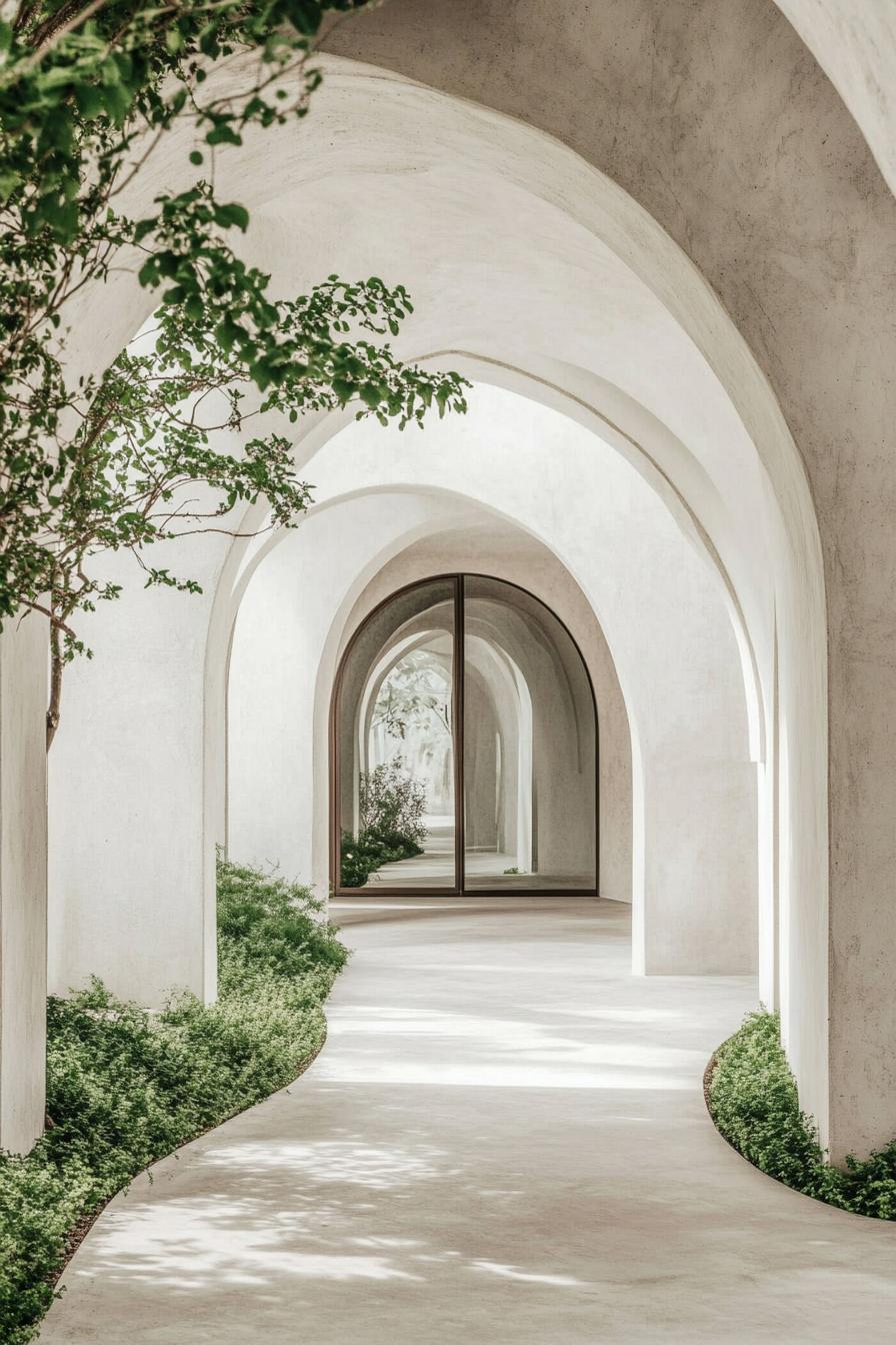 minimalist refined aesthetic courtyard architecture white concrete arches curved ceiling openings arched glass doors visible at far end concrete 2