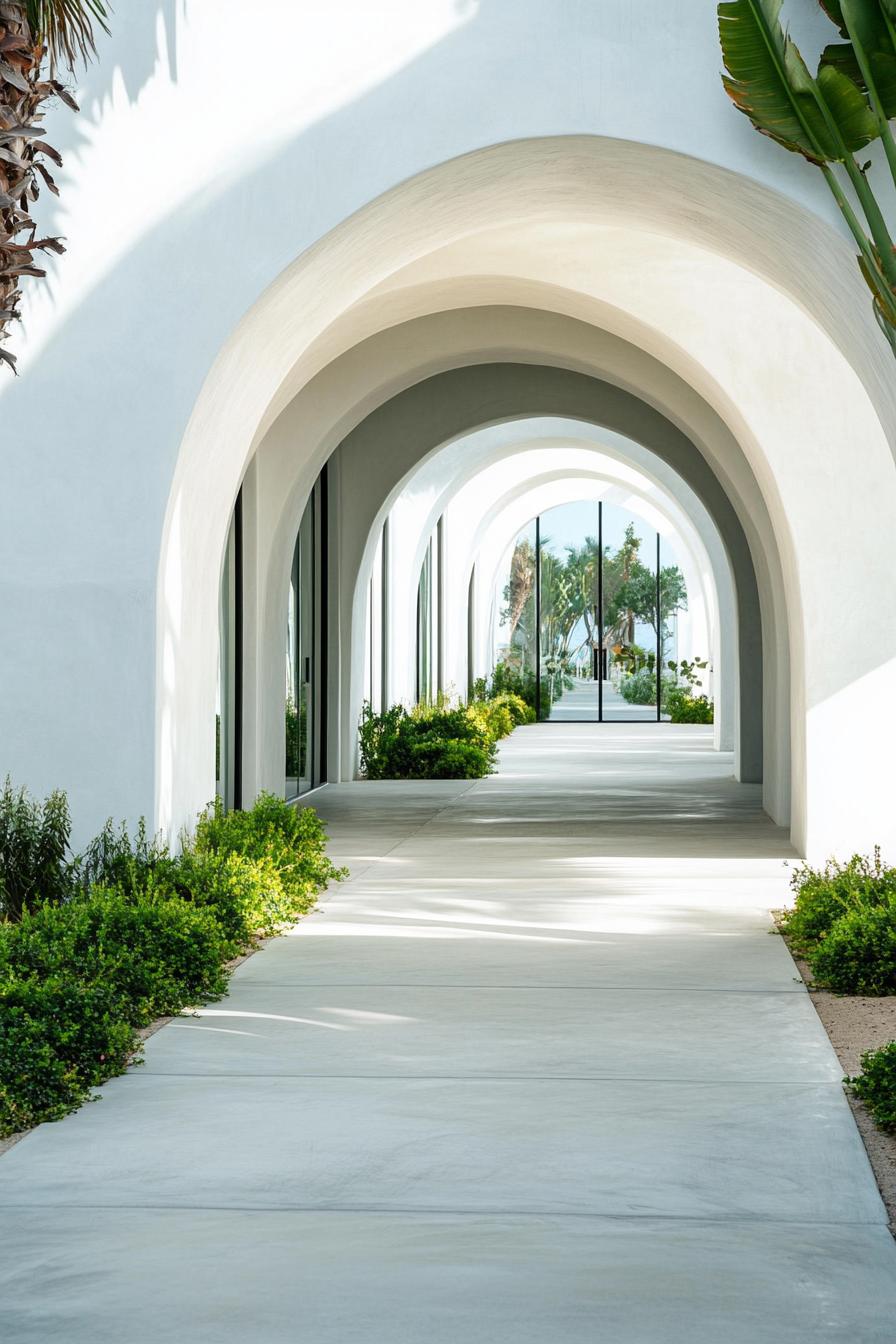 minimalist refined aesthetic courtyard architecture white concrete arches curved ceiling openings arched glass doors visible at far end concrete 3