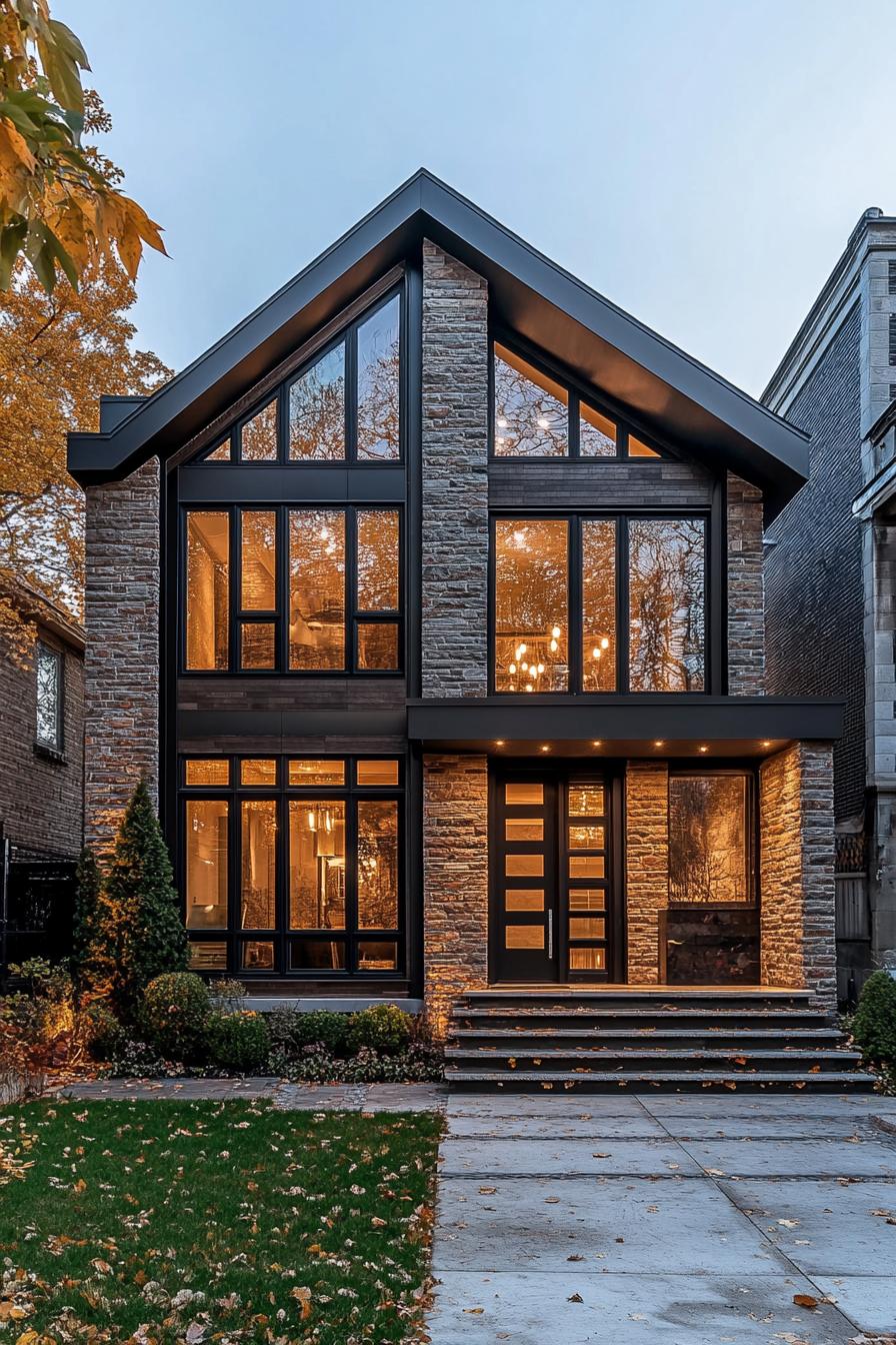 Contemporary house with large windows and stone facade