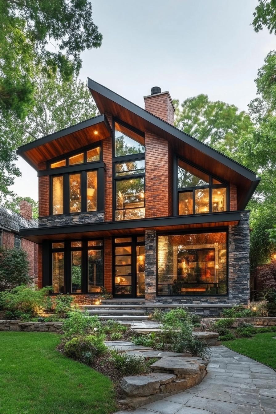 Modern brick house with large windows and a lush garden