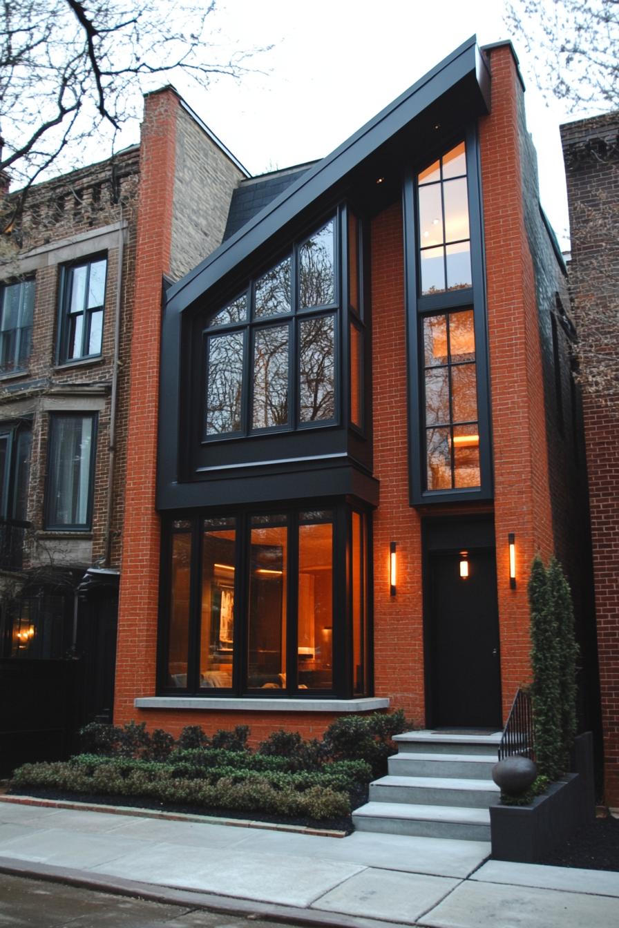 Modern brick house with large windows and sloped roof