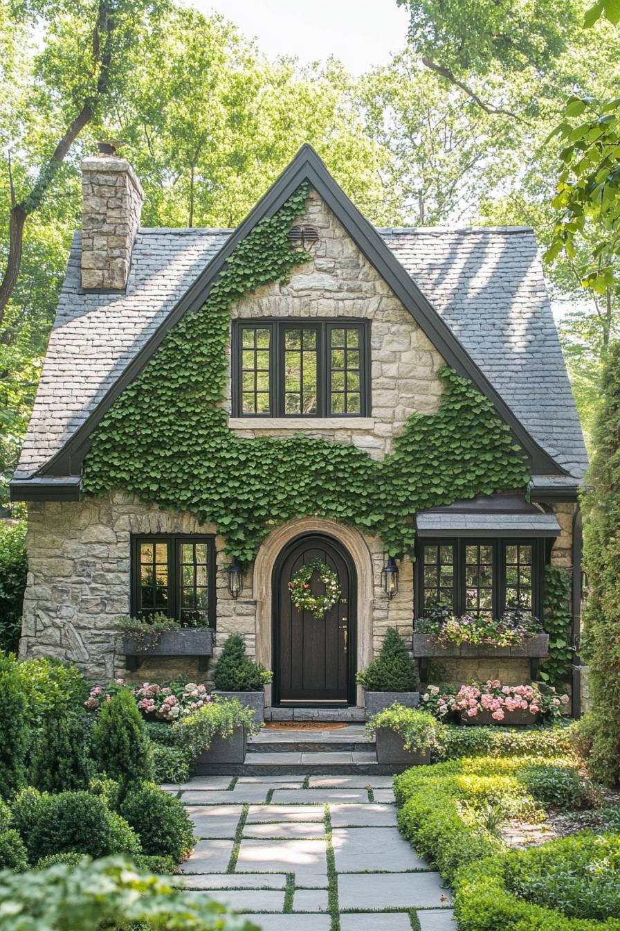 modern cottage with stone brick siding stone grey roof windows with black trim v 6.1