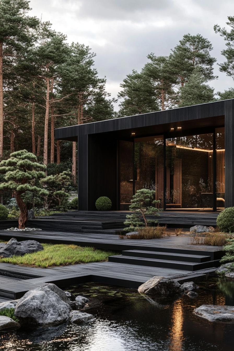 modern forest villa design black siding with dark wood accents front yard with a large modern arch with black outside and wooden inside large porch 1