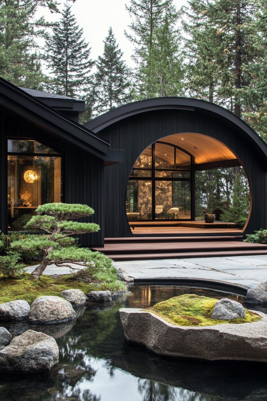 modern forest villa design black siding with dark wood accents front yard with a large modern arch with black outside and wooden inside large porch 2