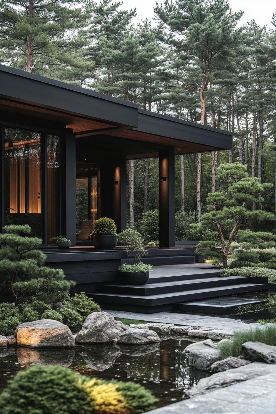 modern forest villa design black siding with dark wood accents front yard with a large modern arch with black outside and wooden inside large porch 3