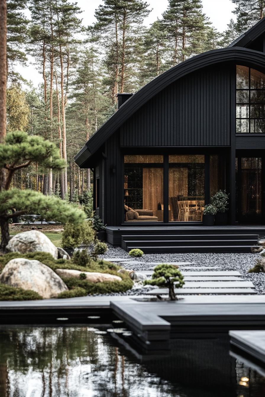 modern forest villa design black siding with dark wood accents front yard with a large modern arch with black outside and wooden inside large porch