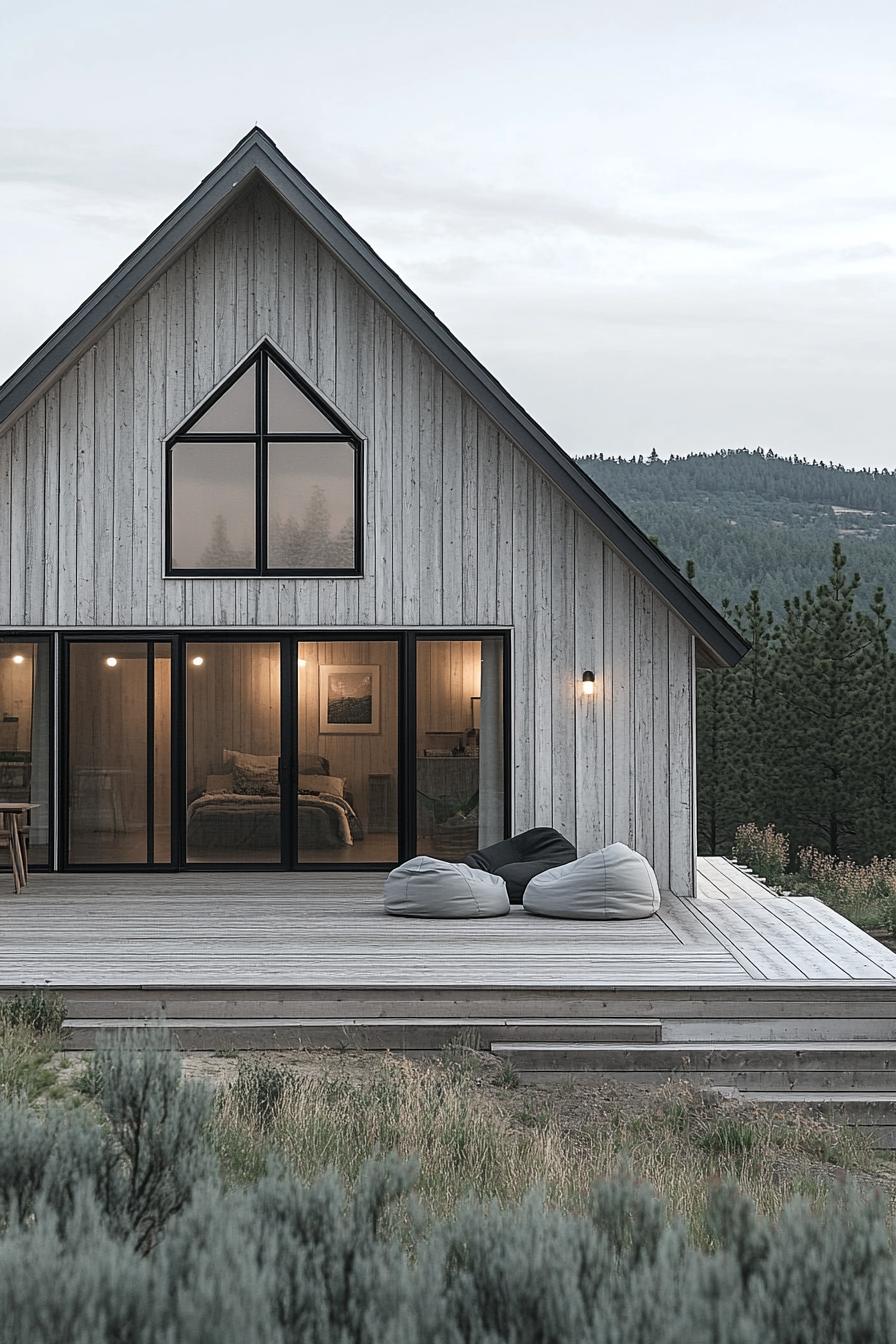 Modern barn house with large windows and deck chairs