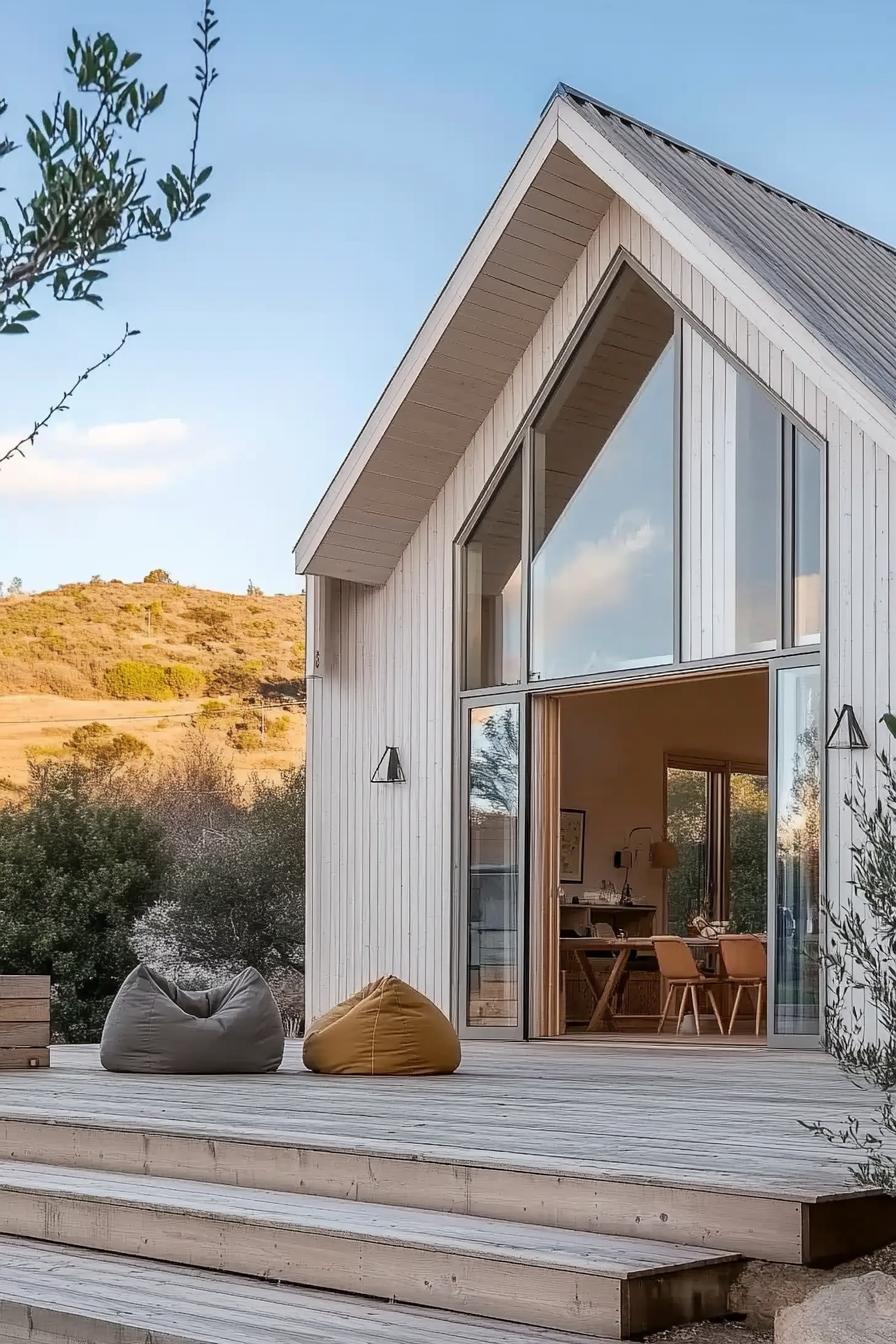 Modern barn house with large glass windows and wooden deck