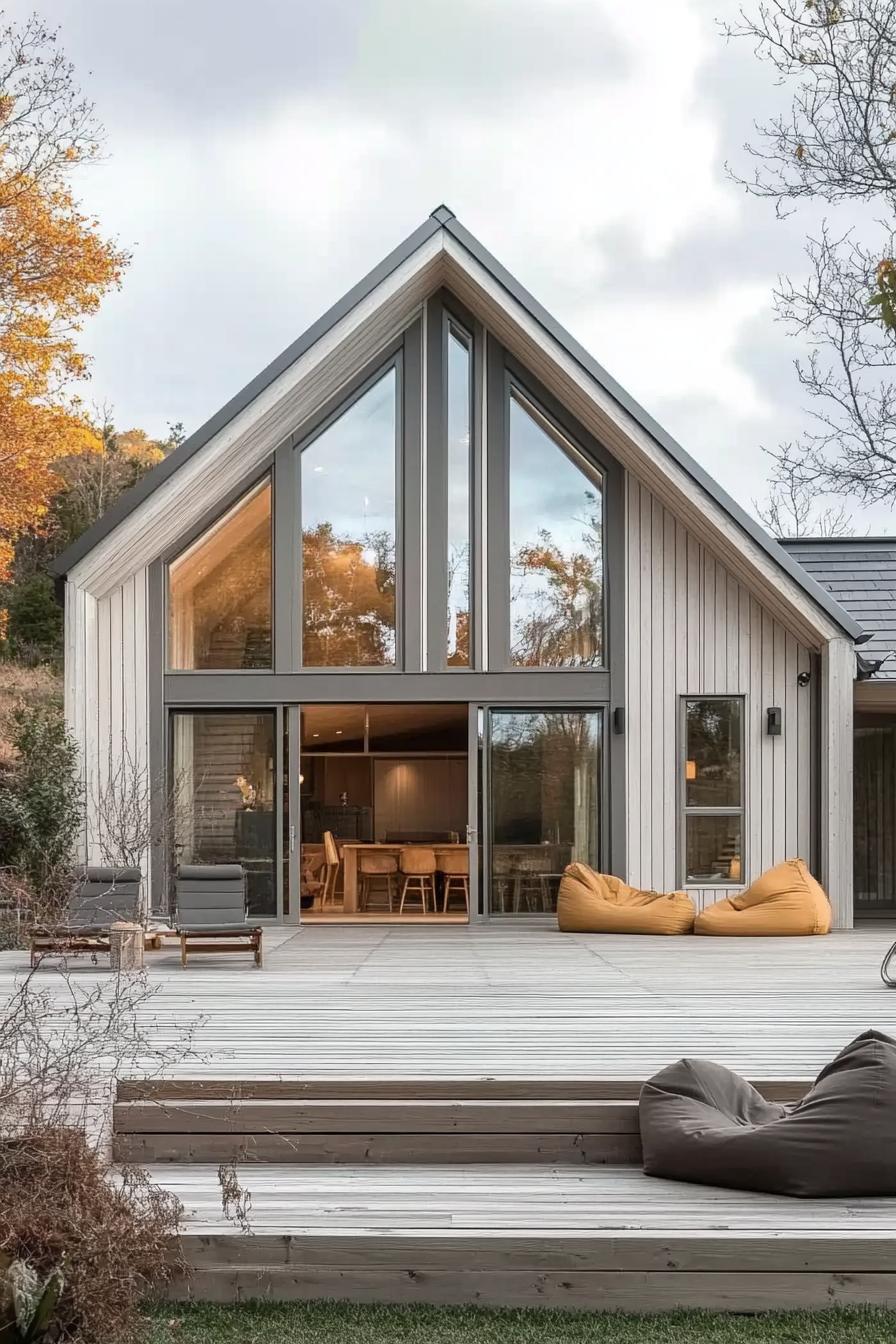 Modern barn house with a glass front and a spacious wooden deck