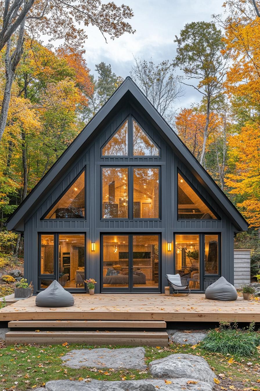 Modern barn house with large windows and a wooden deck