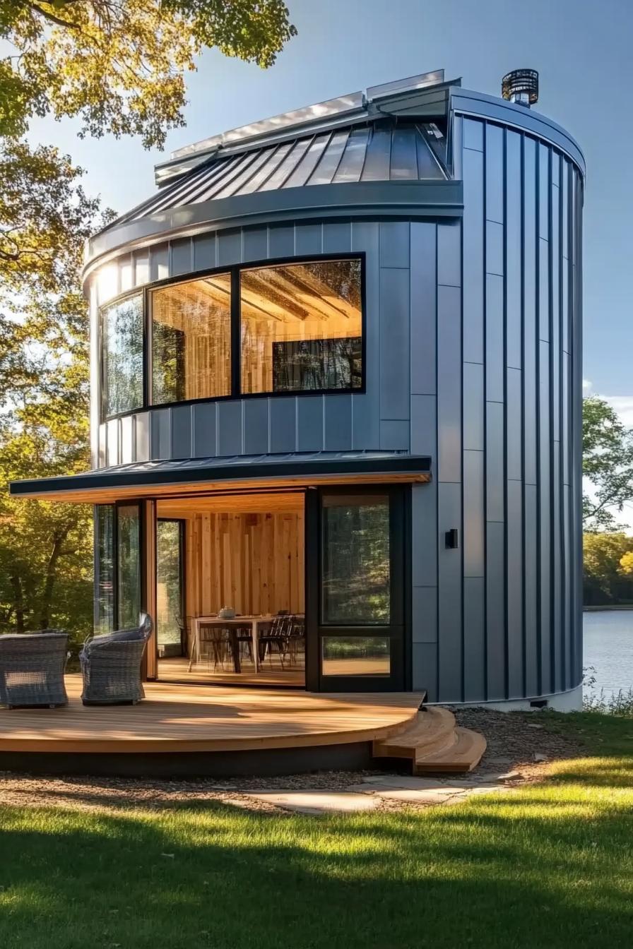 modern house made of metal grain silo it has a large front porch metal cover roof large modern windows front wooden deck lake withtrees in the 1