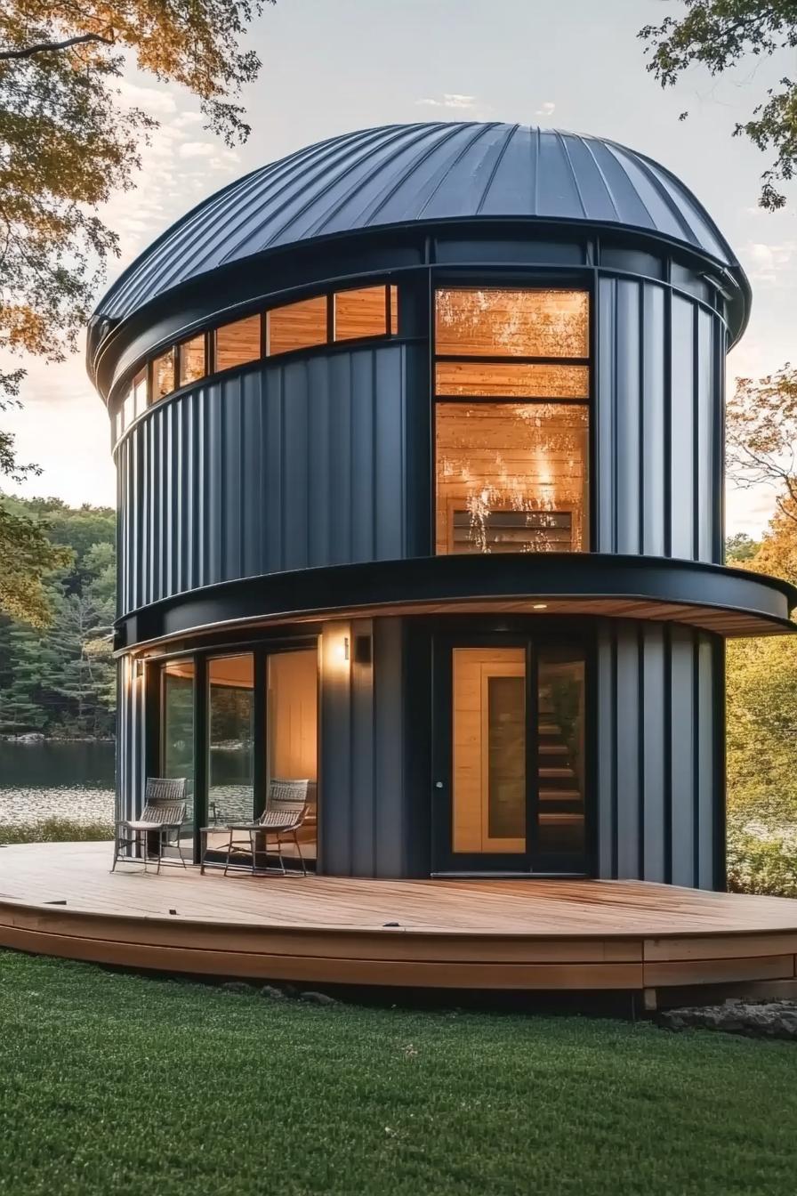 modern house made of metal grain silo it has a large front porch metal cover roof large modern windows front wooden deck lake withtrees in the 2