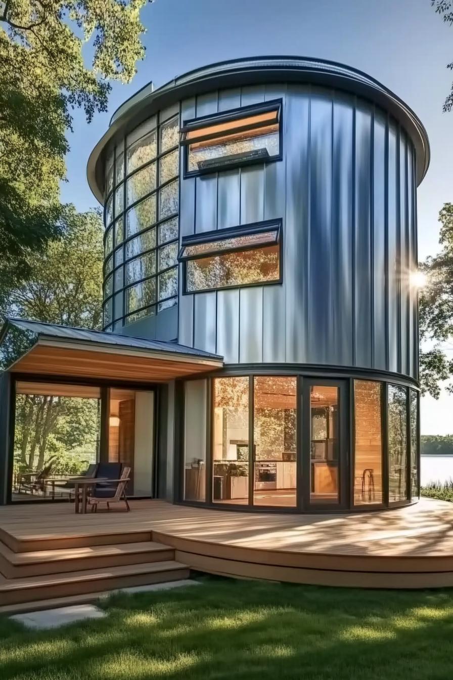 modern house made of metal grain silo it has a large front porch metal cover roof large modern windows front wooden deck lake withtrees in the