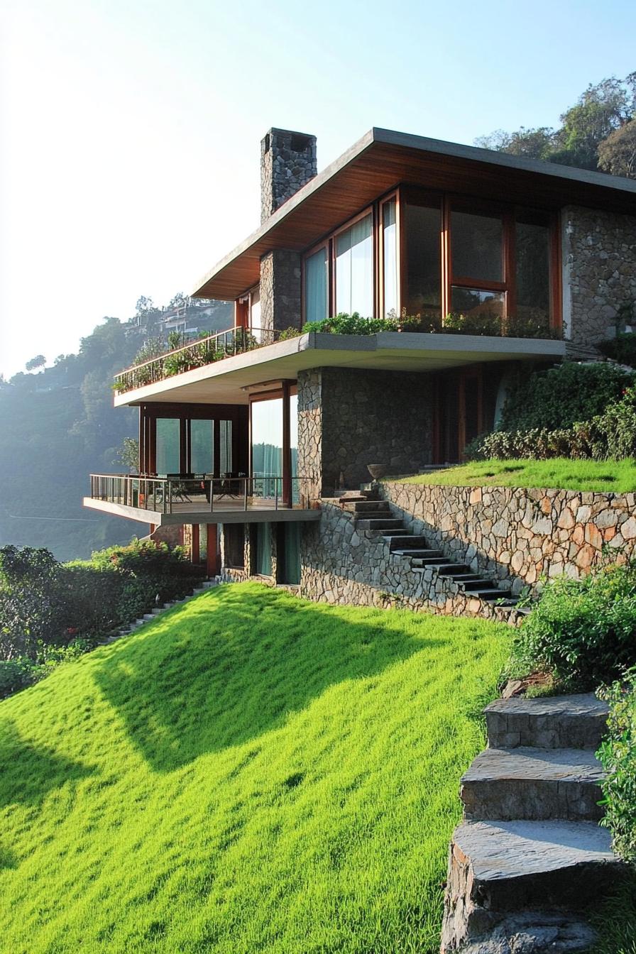 modern house on slopes of a green hill reinforced with stone terraces railings v 6.1