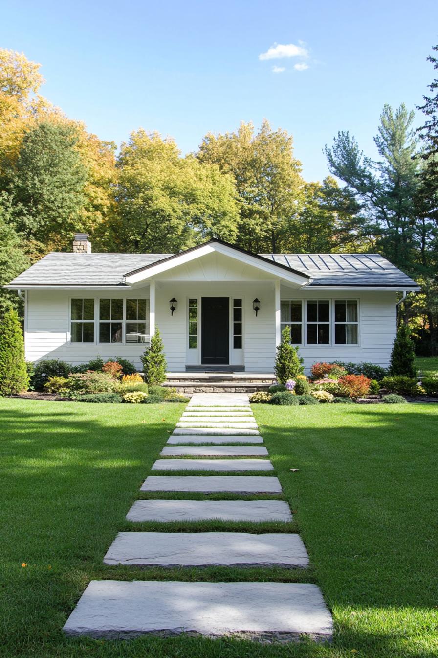 White cottage with garden path and lush lawn