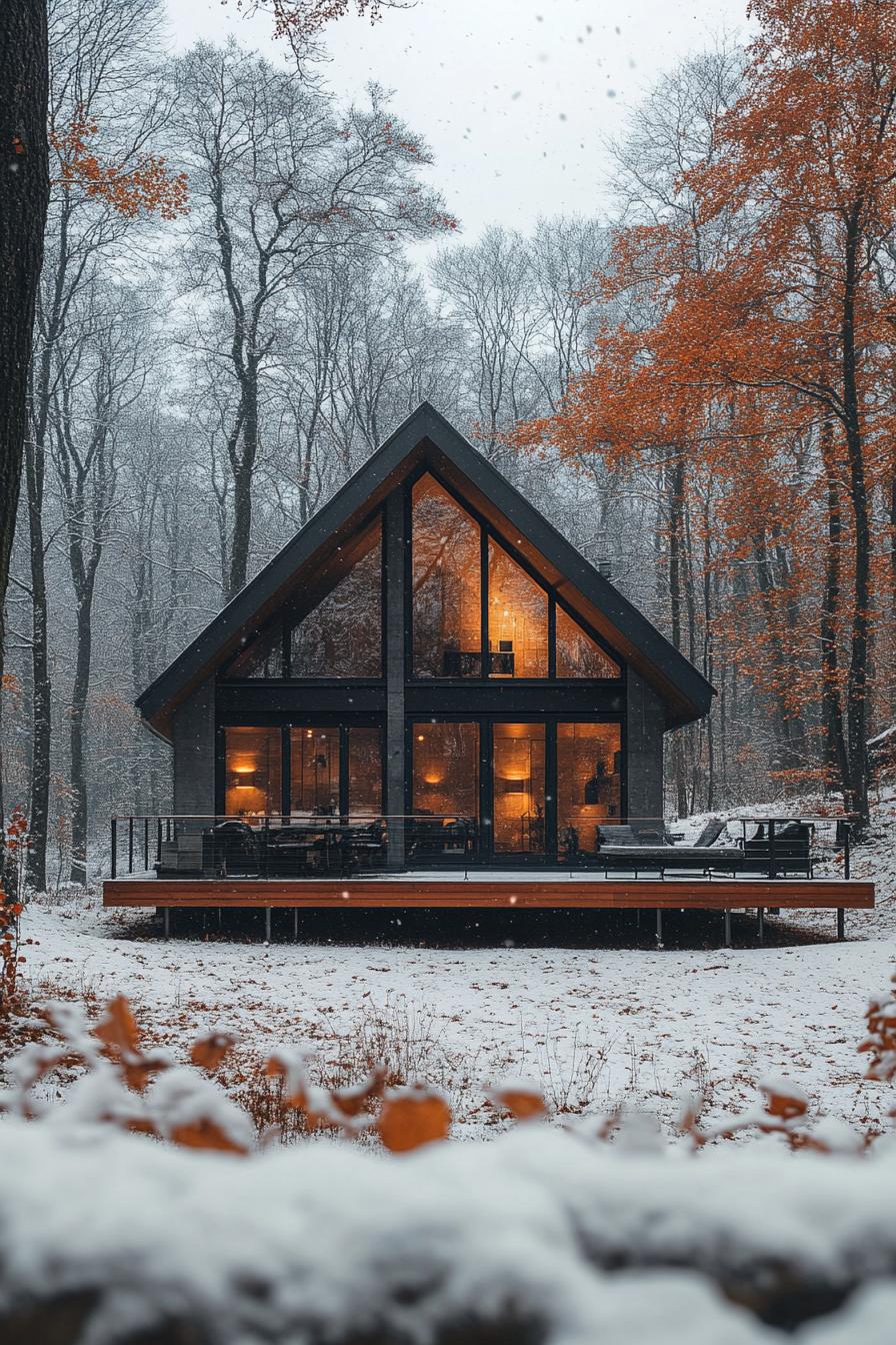 Cozy cabin with large windows in a snowy forest