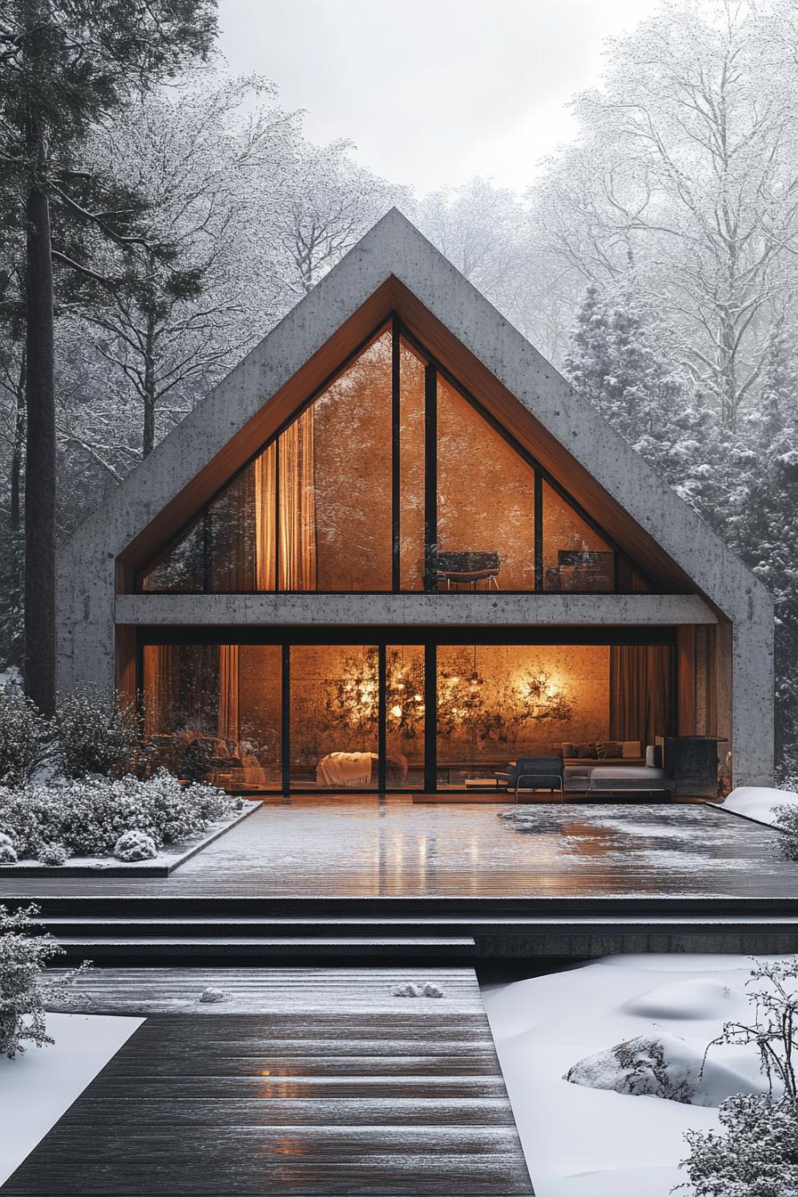 Cozy A-frame cabin amidst a snow-covered landscape