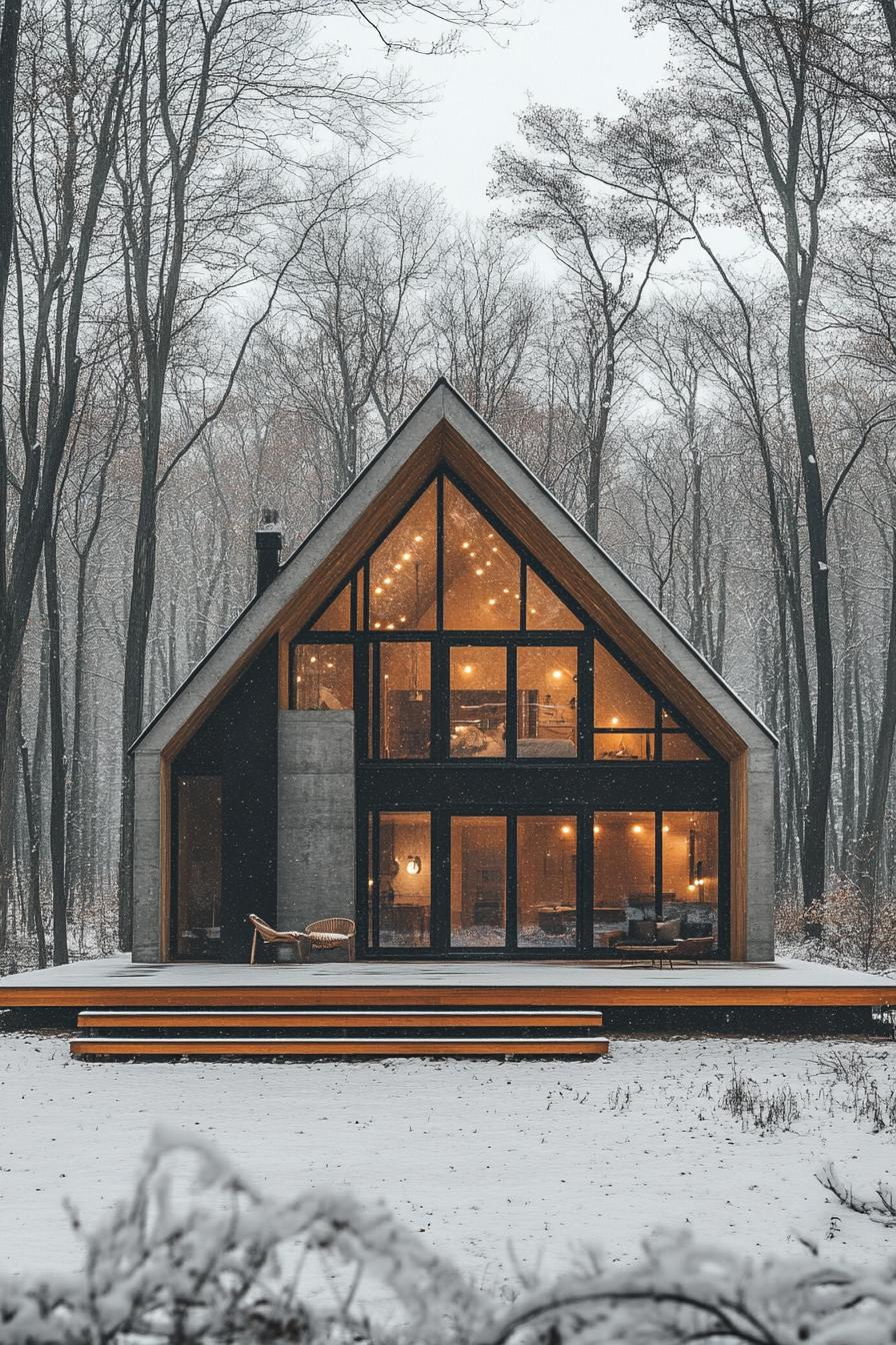 Cozy cabin with glowing windows in snowy forest