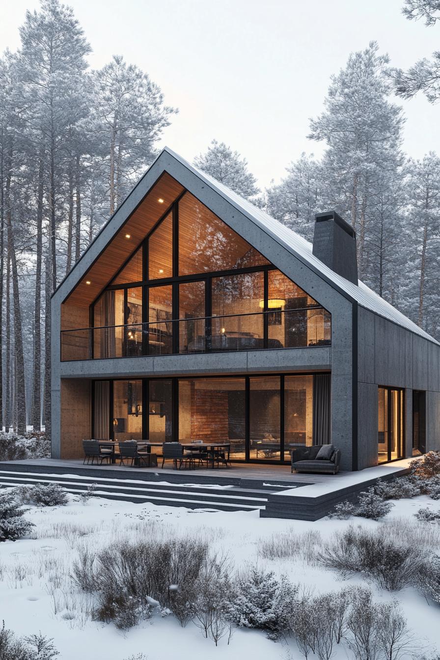 Snow-draped house with large glass windows