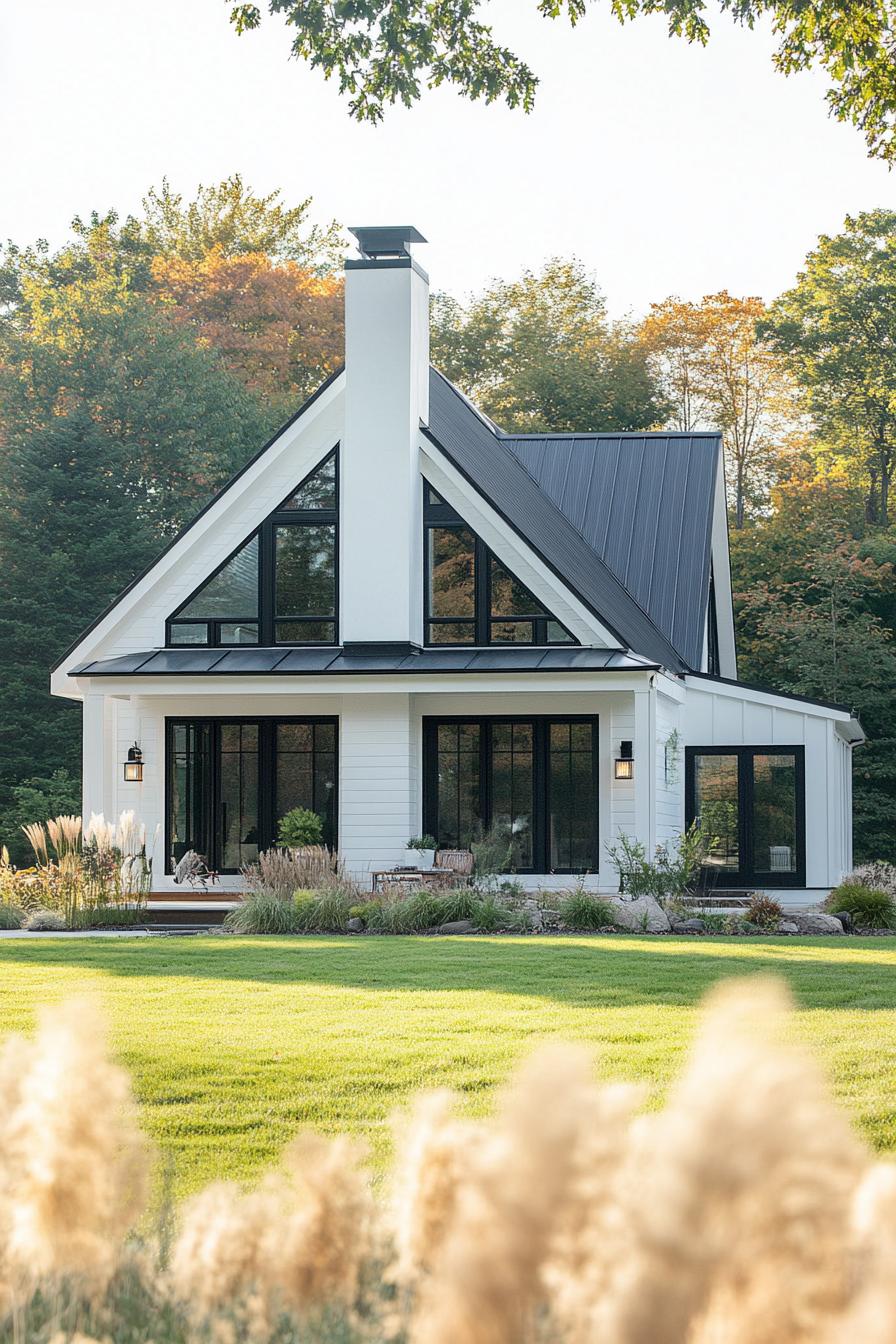 modern white house with black gabled roof andchimney large a frame front window large porch front yard landscaping with lawn and ornamental 1