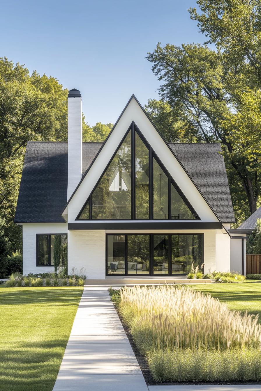 modern white house with black gabled roof andchimney large a frame front window large porch front yard landscaping with lawn and ornamental 2