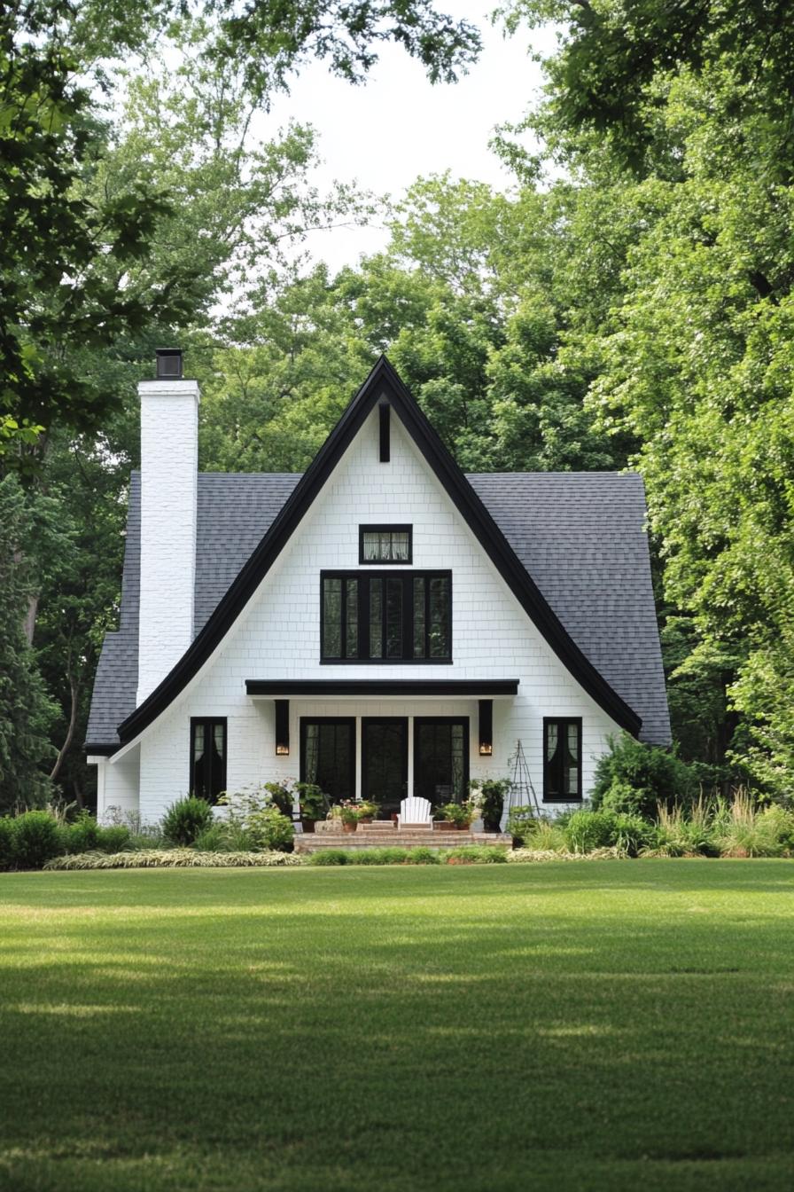 modern white house with black gabled roof andchimney large a frame front window large porch front yard landscaping with lawn and ornamental 3