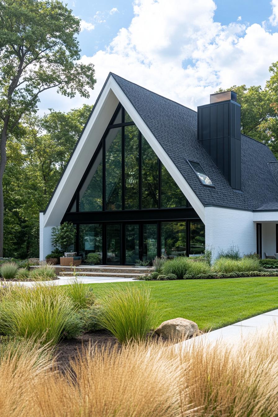 modern white house with black gabled roof andchimney large a frame front window large porch front yard landscaping with lawn and ornamental