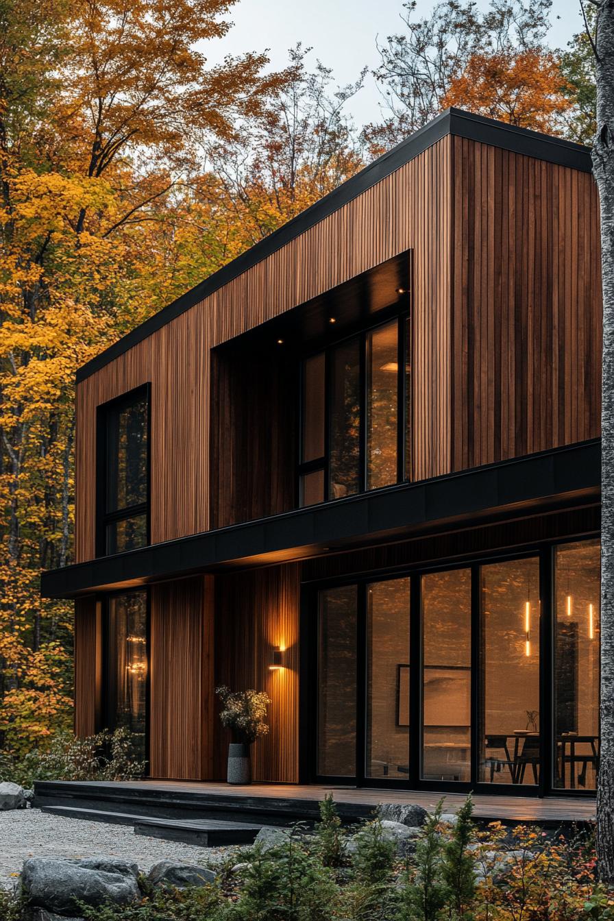 Warm wooden facade with large windows nestled amid autumn trees