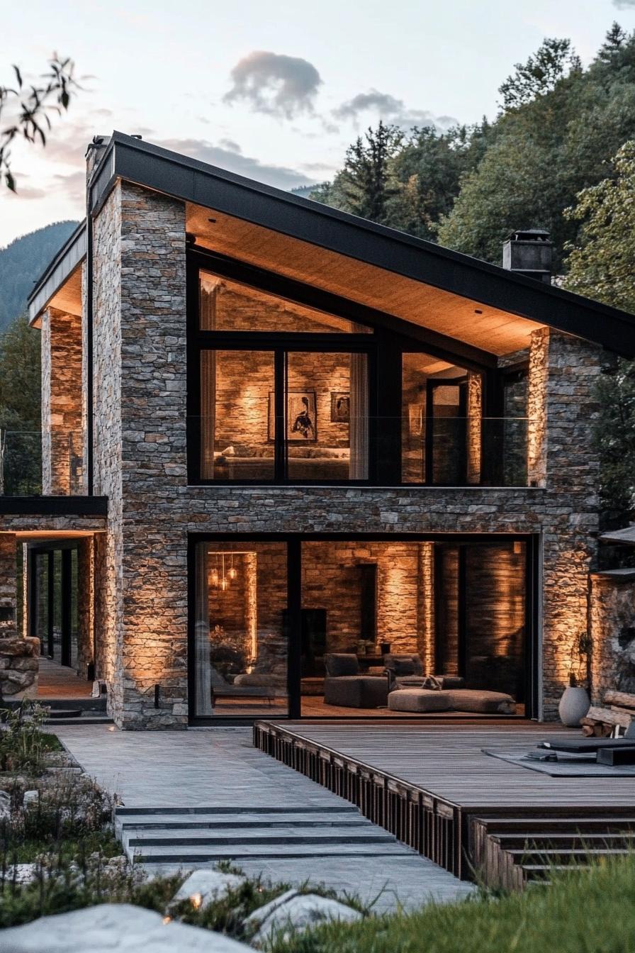 mountain village modern house with stone facade modern windows large porch overlooking mountain village 1