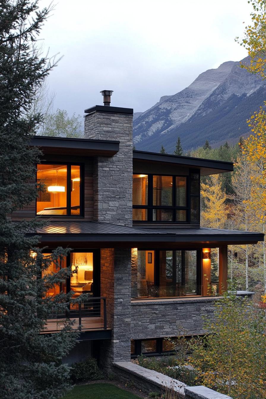 mountain village modern house with stone facade modern windows large porch overlooking mountain village 2