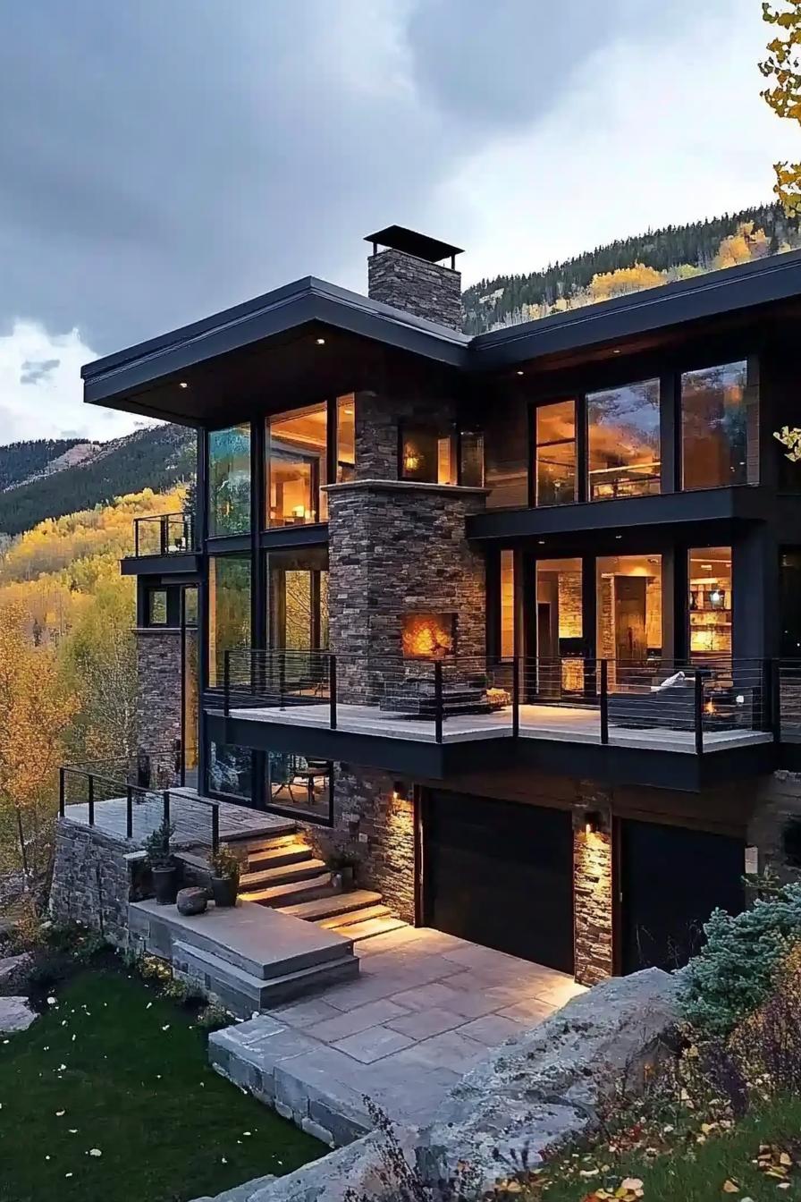 mountain village modern house with stone facade modern windows large porch overlooking mountain village 3