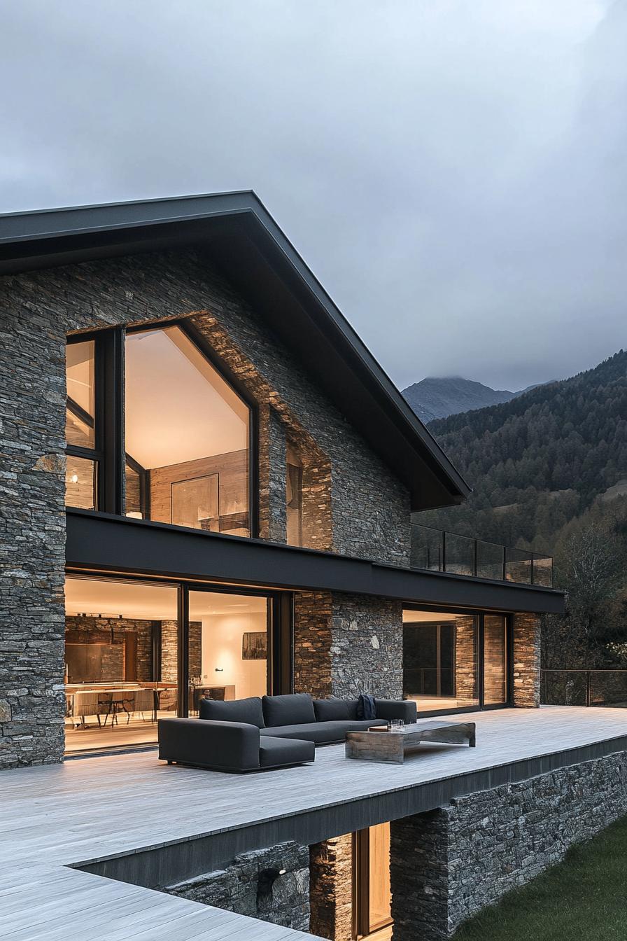 mountain village modern house with stone facade modern windows large porch overlooking mountain village