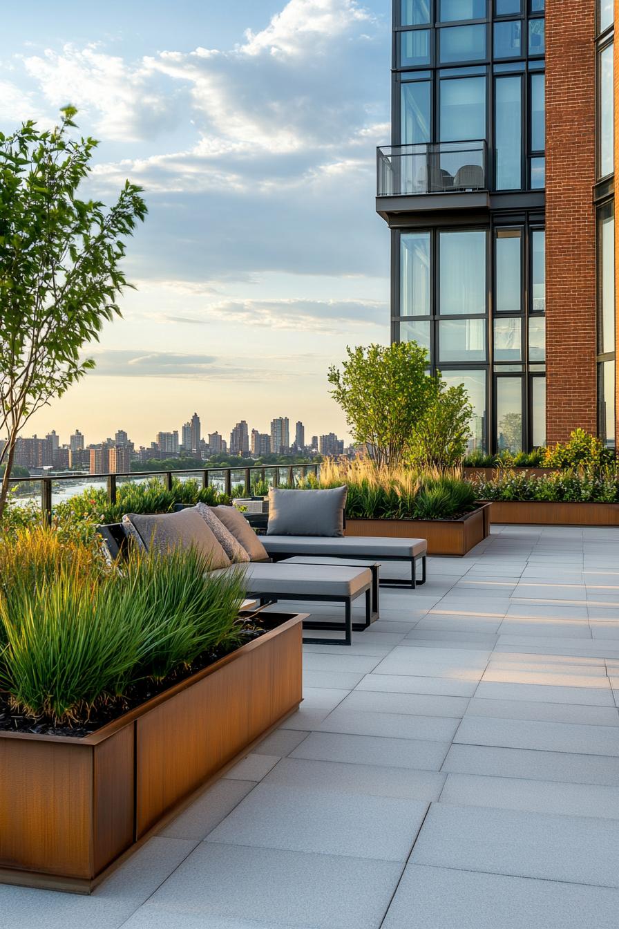 rooftop terrace bordered with planter beds with lush native plants paved deck with modern furniture 1