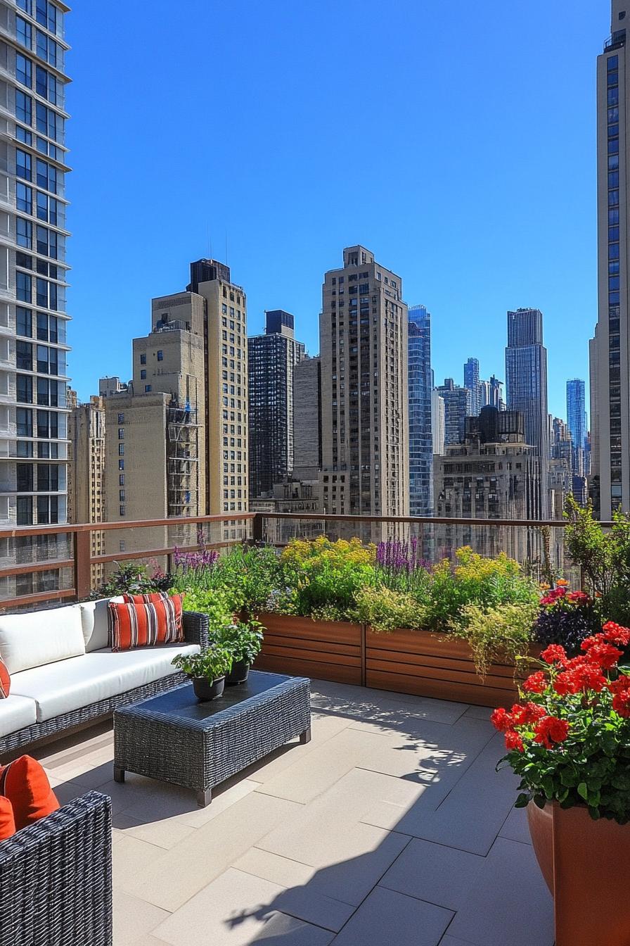 rooftop terrace bordered with planter beds with lush native plants paved deck with modern furniture 2