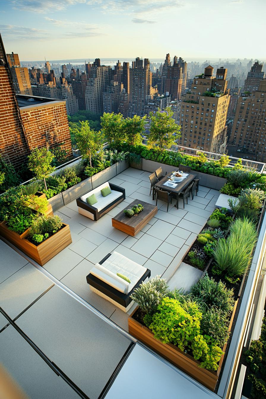 rooftop terrace bordered with planter beds with lush native plants paved deck with modern furniture