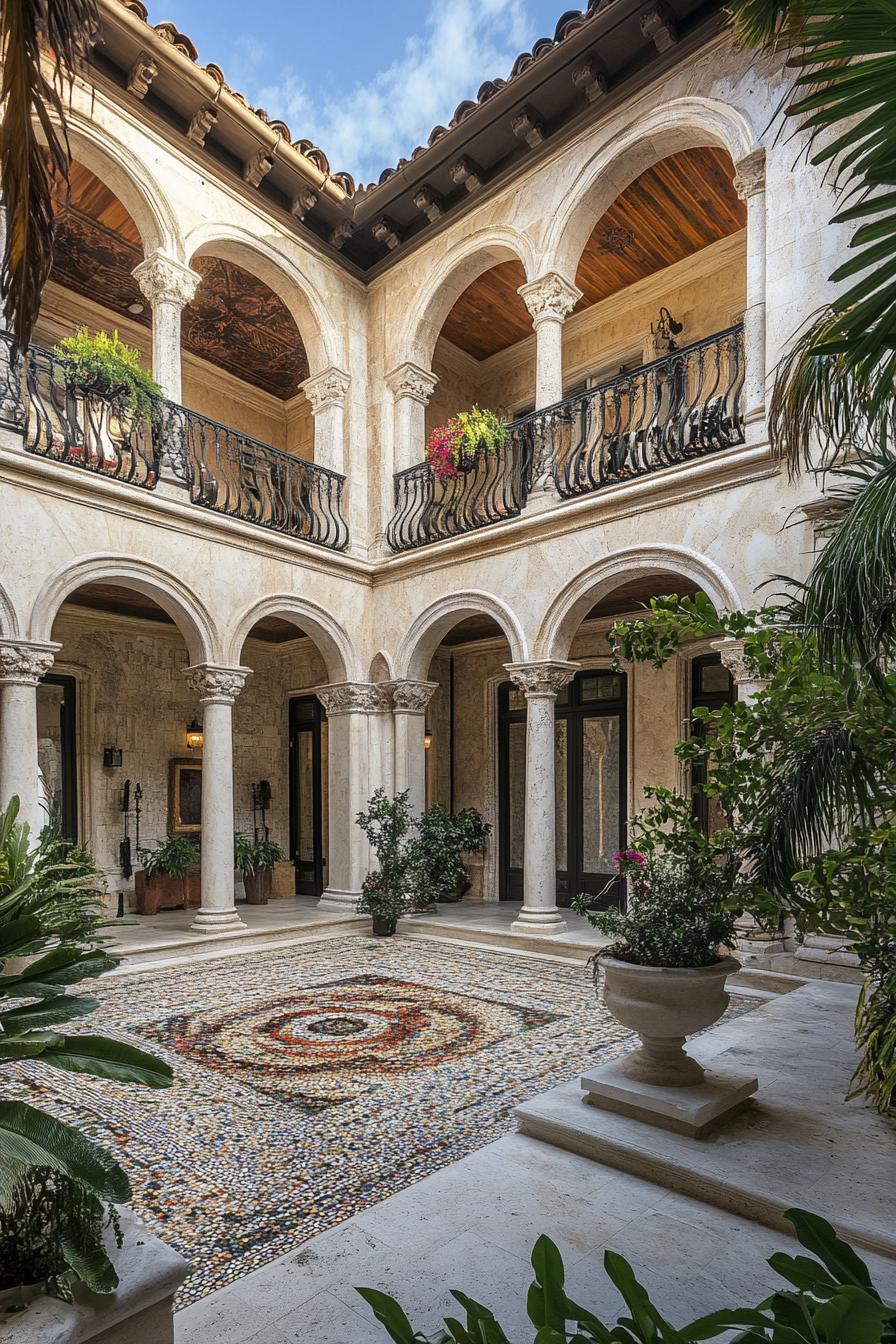 spanish marble house inner courtyard with columns and arches balconies with marble railings mosaic tile floor potted plants 1